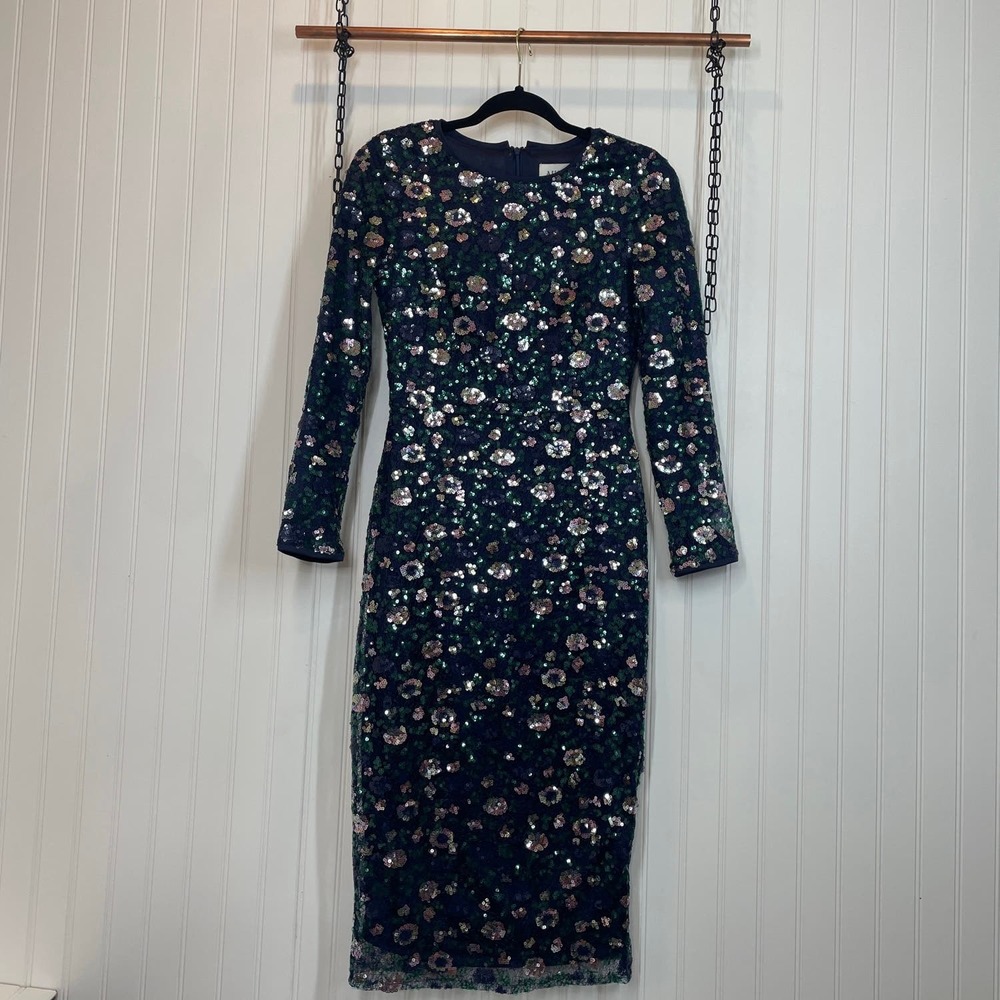Aura Navy And Silver Floral Sequined Lined Long Sleeve Midi Sheath Dress Size XS